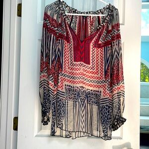 Lucky Brand sheer tunic top ruffle tan navy blue red deep neckline women XL